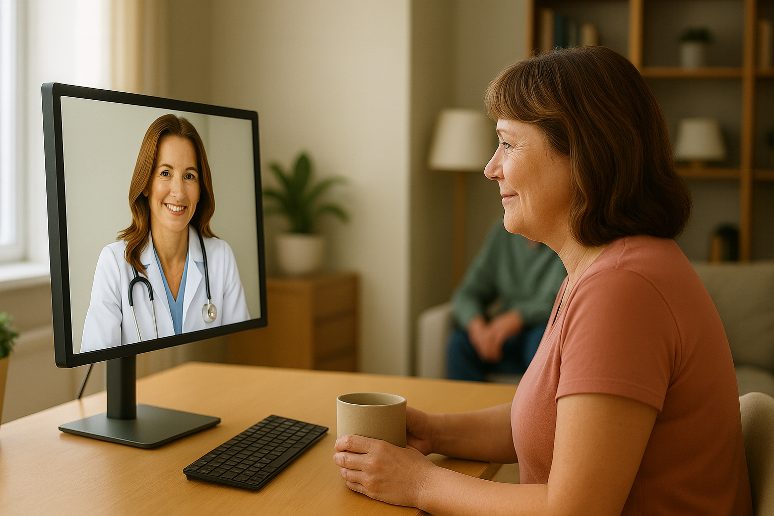 Woman speaking with clinician via telemedicine